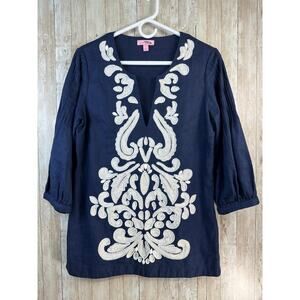 Lilly Pulitzer Linen Tunic Top Womens S Blue White Embroidered‎ Sequined Beaded